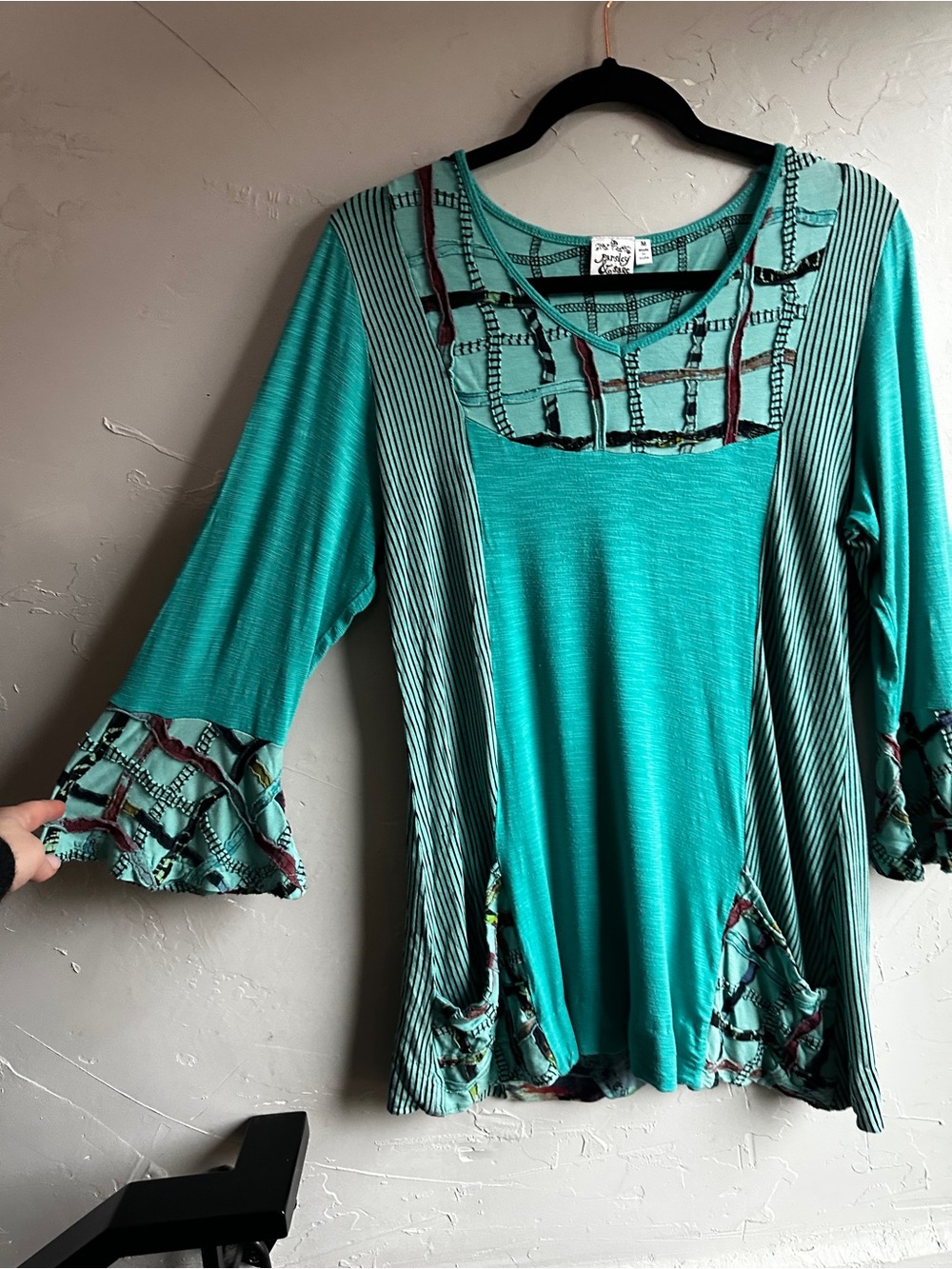 Parsley & Sage Patchwork Boho Top Artsy Lagenlook Tunic Cottagecore Sz M